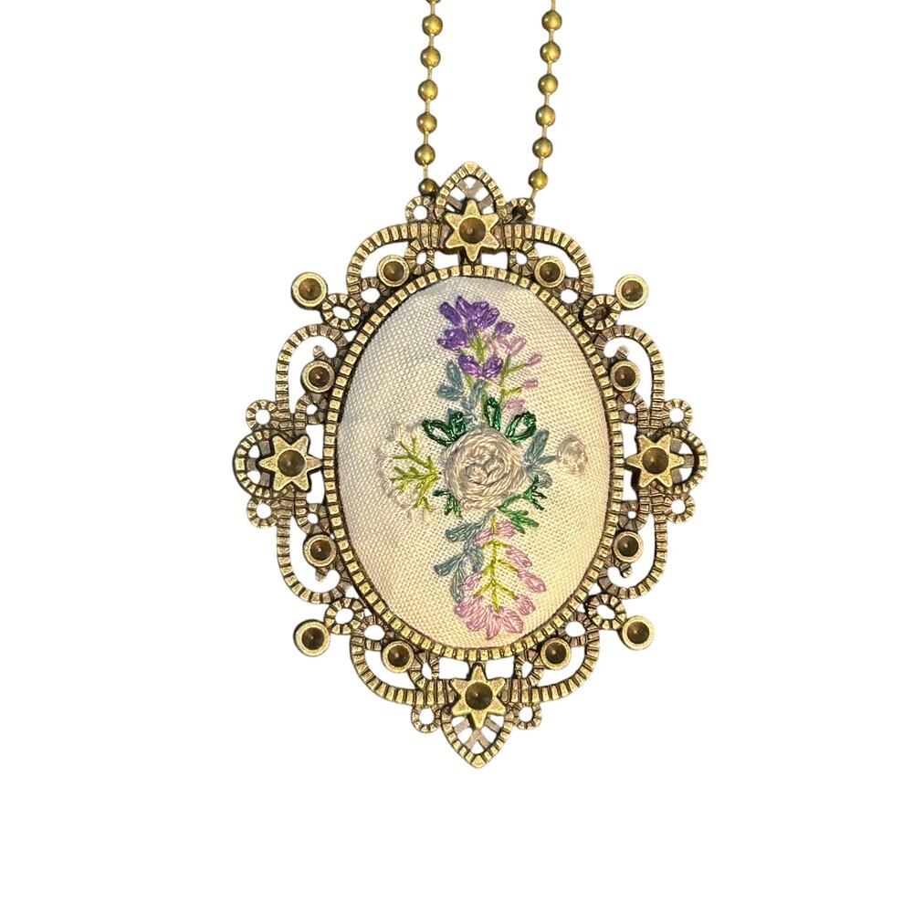 Handmade Embroidery Purple Rose Botanical Pendant